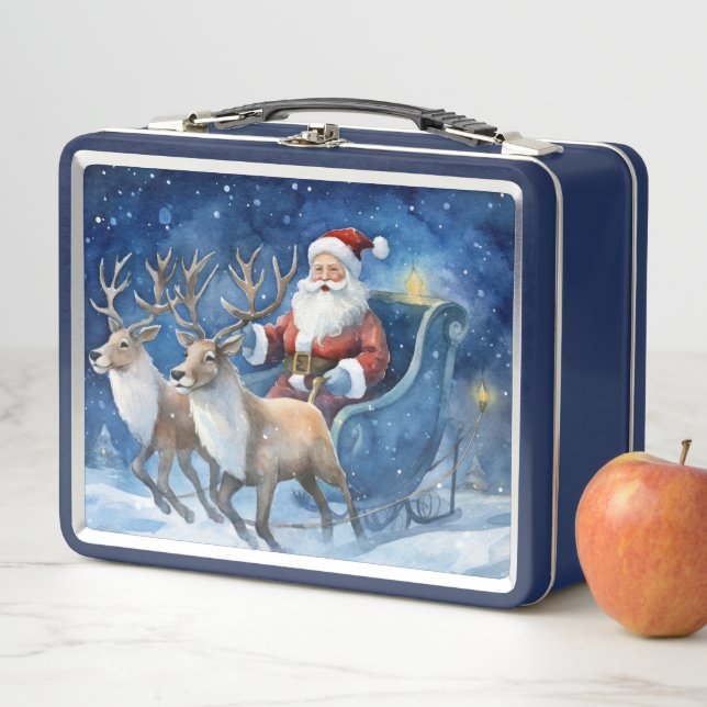 Santa Clause with reindeer sleigh snowy landscape Metal Lunch Box (In Situ)