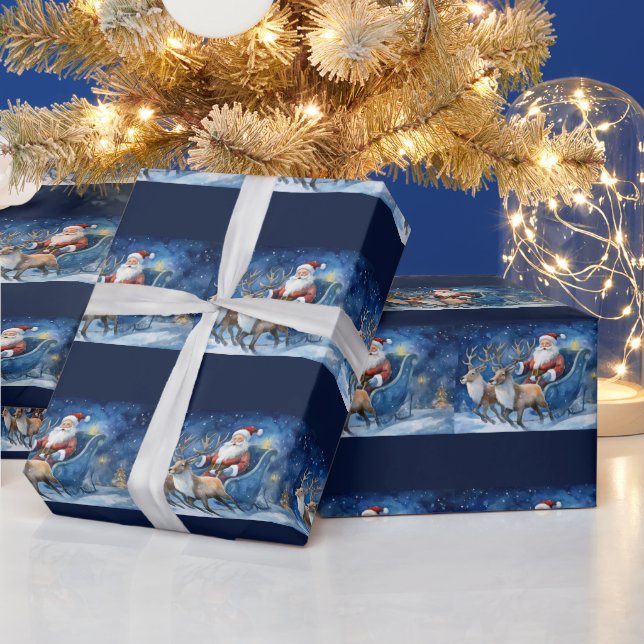 Santa Clause with reindeer sleigh snowy landscape Wrapping Paper (Holidays)