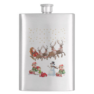 Santa Clause with reindeers pulling his sleigh Hip Flask