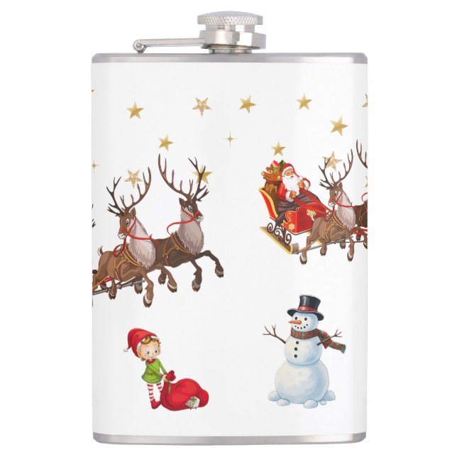 Santa Clause with reindeers pulling his sleigh Hip Flask (Front)