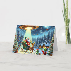 Santa Claus's UFO Alien Helpers Christmas Holiday Card