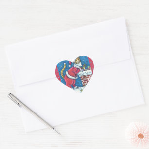 SANTA CLAWS CAT ON ROOFTOP BRINGING GIFTS, FUNNY HEART STICKER