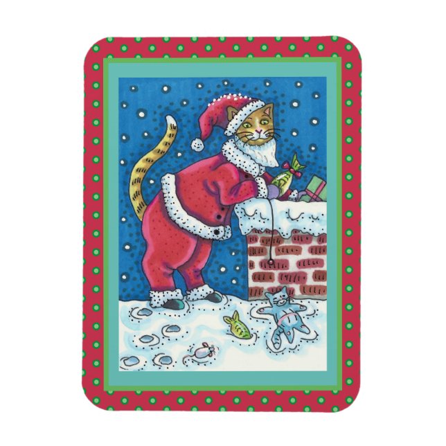 SANTA CLAWS CAT ON ROOFTOP BRINGING GIFTS, FUNNY MAGNET (Vertical)