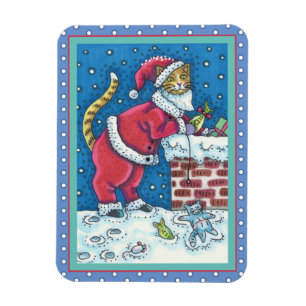SANTA CLAWS CAT ON ROOFTOP BRINGING GIFTS, FUNNY MAGNET