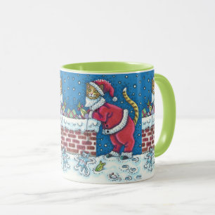 SANTA CLAWS CAT ON ROOFTOP BRINGING GIFTS, FUNNY MUG