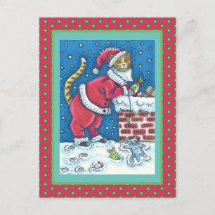 SANTA CLAWS CAT ON ROOFTOP BRINGING GIFTS, FUNNY POSTCARD