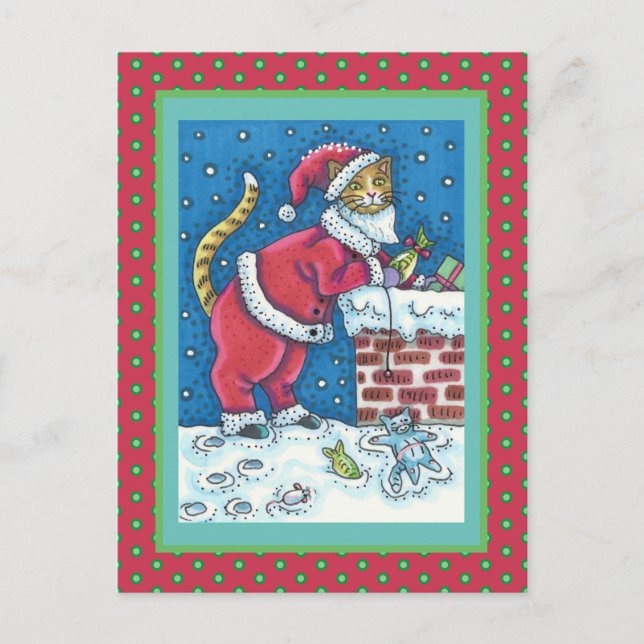 SANTA CLAWS CAT ON ROOFTOP BRINGING GIFTS, FUNNY POSTCARD (Front)