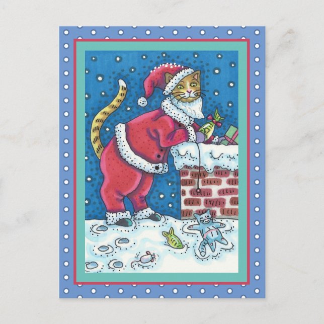 SANTA CLAWS CAT ON ROOFTOP BRINGING GIFTS, FUNNY POSTCARD (Front)
