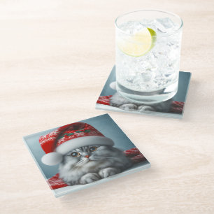 Santa Claws is Coming To Town - Festive Kitty Cat Glass Coaster