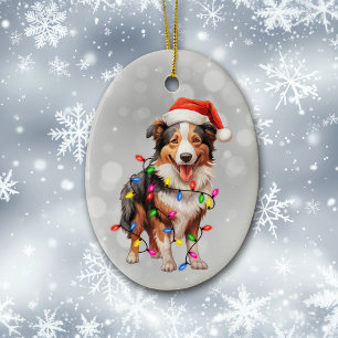 Santa Collie Dog Wrapped in Christmas Lights Ceramic Ornament