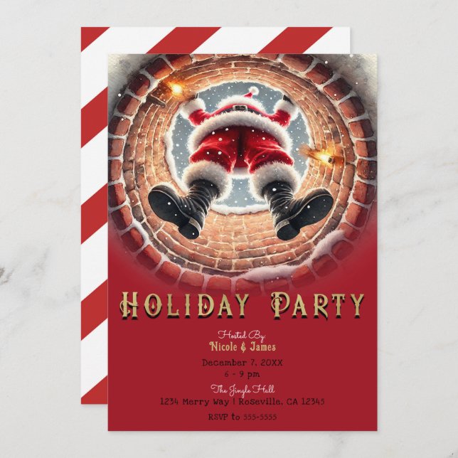 Santa Coming Down Chimney Holiday Party Invitation (Front/Back)