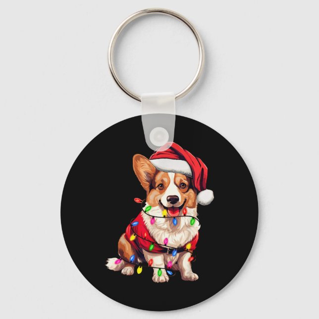 Santa Corgi Dog Christmas Lights Xmas Pajama Dog L Key Ring (Front)
