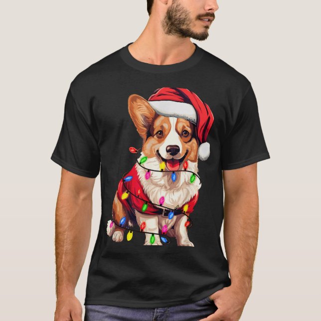 Santa Corgi Dog Christmas Lights Xmas Pajama Dog L T-Shirt (Front)