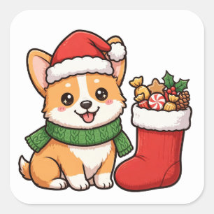 Santa Corgi Puppy Christmas Sticker