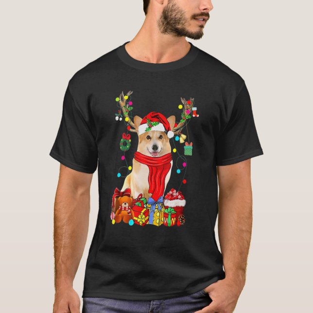 Santa Corgi Reindeer Light Christmas Dog T-Shirt (Front)
