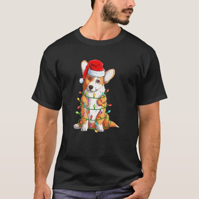Santa Corgi With Christmas Tree Lights Funny Xmas  T-Shirt (Front)