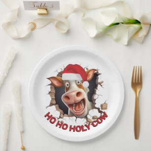 Santa cow cartoon face humourous Christmas farmers Paper Plate