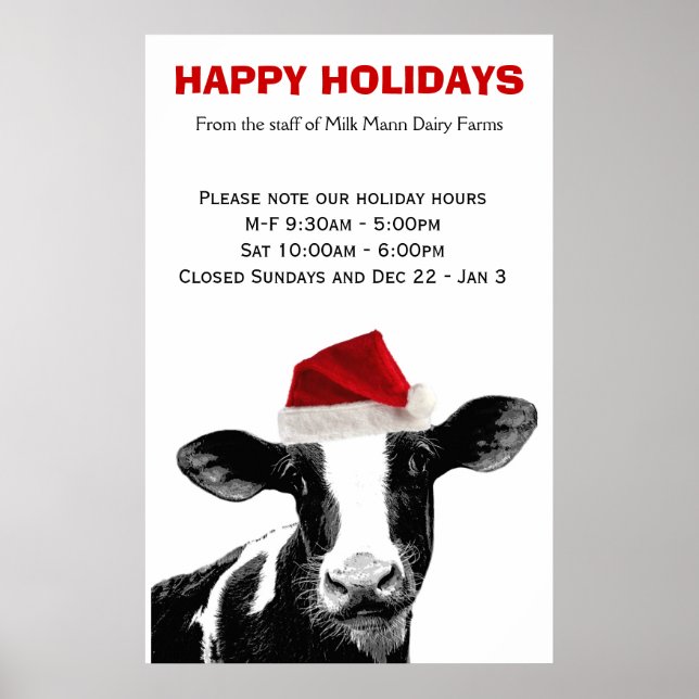 Santa Cow Happy Holidays Dairy Farm Store Hours Poster (Front)