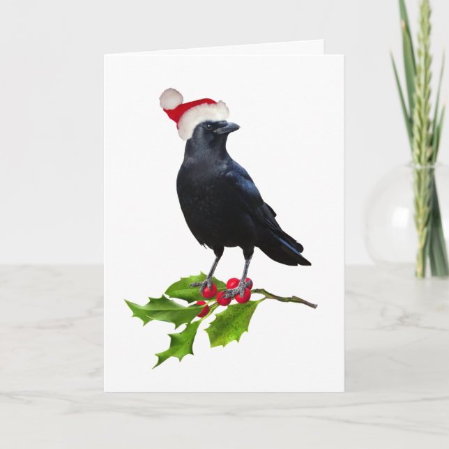 Santa Crow Holly Christmas Card (Front)