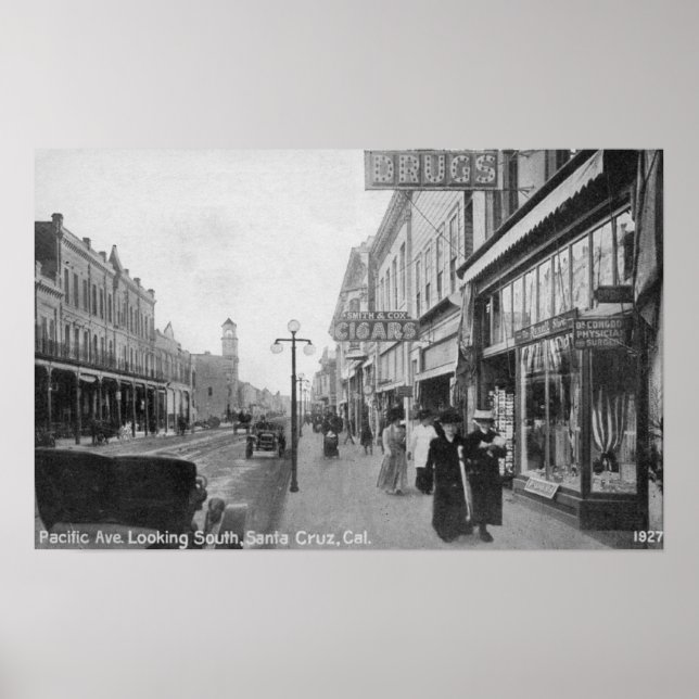 Santa Cruz, CA - Pacific Avenue Looking Poster (Front)