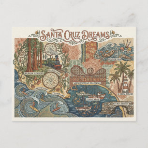 Santa Cruz California Dreams Map UCSC Surfing Postcard