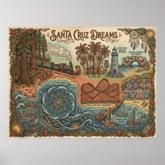 Santa Cruz California Dreams Map – Vibrant Coast Poster