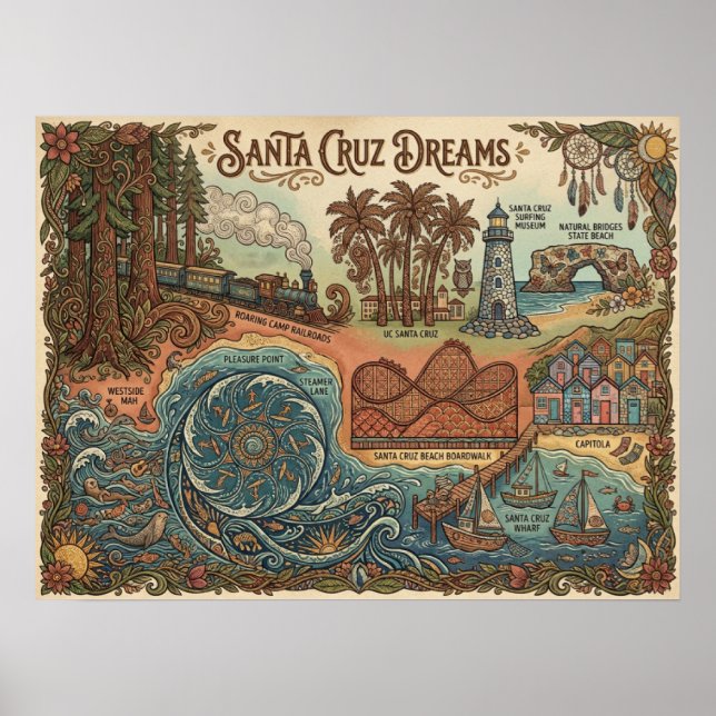 Santa Cruz California Dreams Map – Vibrant Coast Poster (Front)