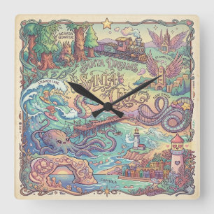 Santa Cruz California Illustrated Dreamscape Map Square Wall Clock