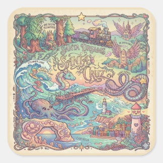 Santa Cruz California Illustrated Map Dreamscape Square Sticker