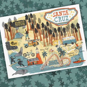 Santa Cruz California Illustrated Map Postcard