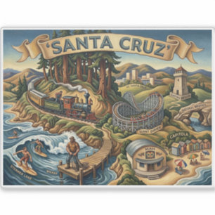 Santa Cruz California Illustrated Map UCSC Wharf