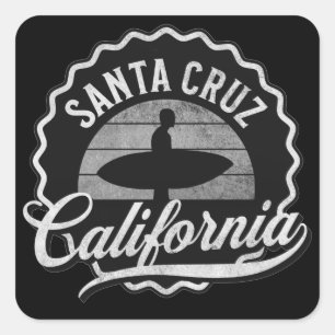 Santa Cruz California Surfing Black White Vintage Square Sticker