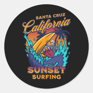 Santa Cruz California Surfing Skeleton Sunset Surf Classic Round Sticker