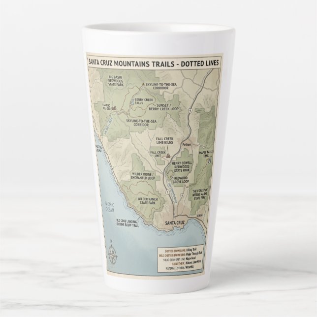 Santa Cruz California Trail Map Redwood & Coastal  Latte Mug (Front)
