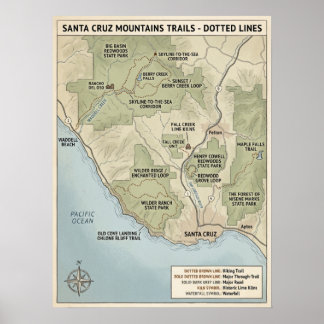Santa Cruz California Trail Map Redwood & Coastal Poster