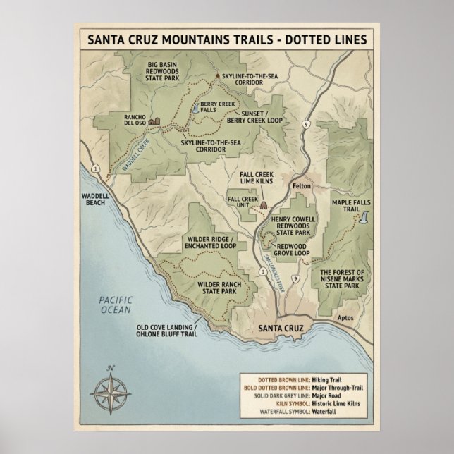 Santa Cruz California Trail Map Redwood & Coastal  Poster (Front)
