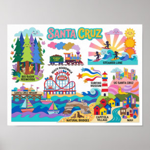 Santa Cruz Illustrated Map Boardwalk Beach Surfing Poster