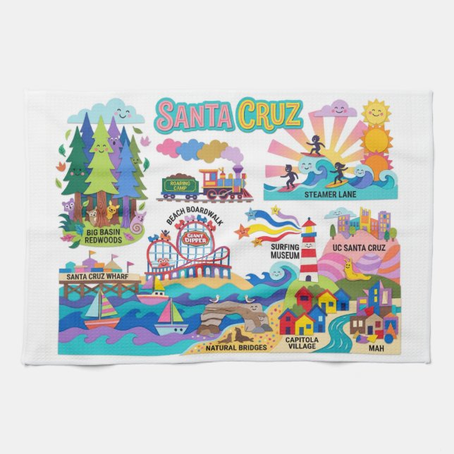 Santa Cruz Illustrated Map Boardwalk Beach Surfing Tea Towel (Horizontal)