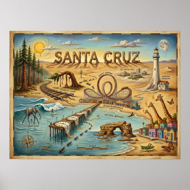 Santa Cruz Pop Art Map – Bold Coastal Landmark Poster (Front)