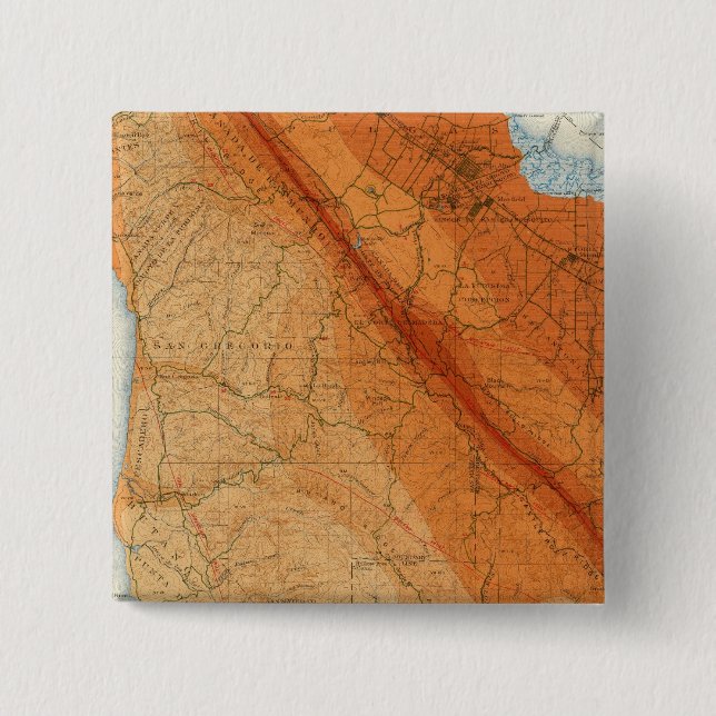 Santa Cruz quadrangle showing intensity, faults 15 Cm Square Badge (Front)
