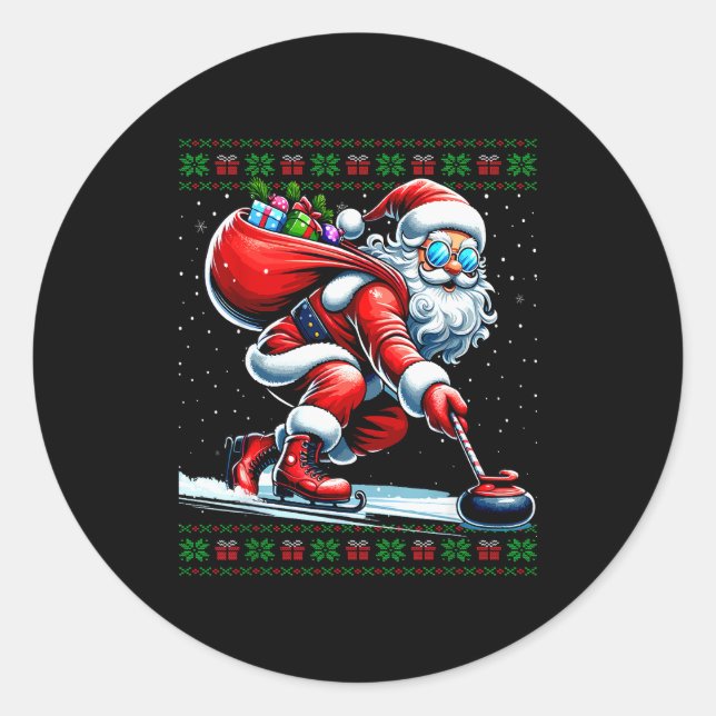 Santa Curling Ugly Christmas Sweater  Classic Round Sticker (Front)