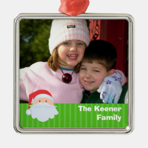 Santa custom photo green stripes family keepsake metal ornament