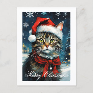 Santa Cute Cat Snowy Winter Christmas Holiday Postcard