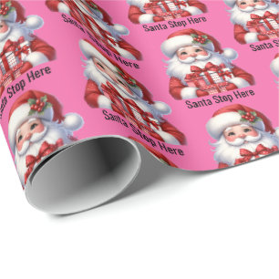 Santa Cute Jolly Girl Pink Red Presents Wrapping Paper