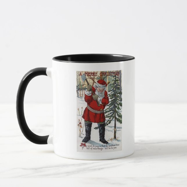 Santa Cutting Down Christmas Tree Mug (Left)