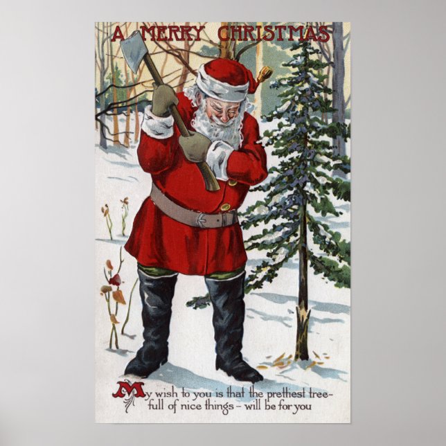 Santa Cutting Down Christmas Tree Poster (Front)