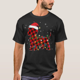 Santa Dachshund Red Buffalo Plaid Christmas Lights T-Shirt