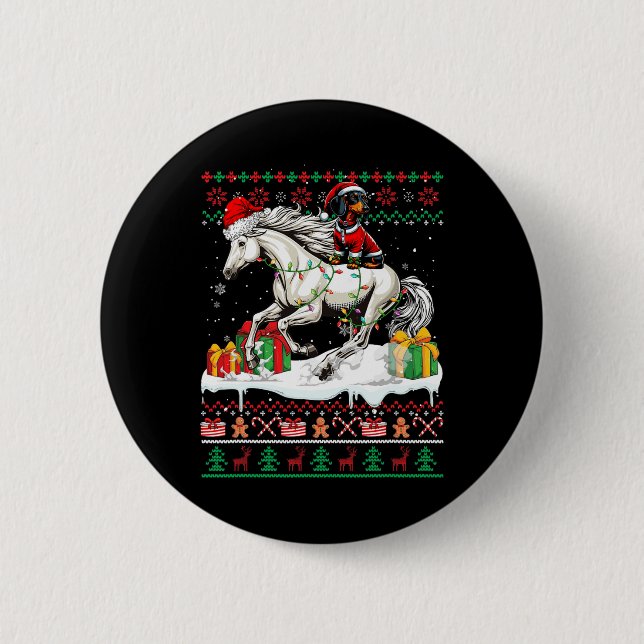 Santa Dachshund Riding Horse Christmas Sweater Lov 6 Cm Round Badge (Front)