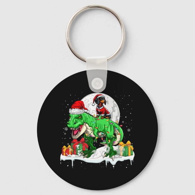 Santa Dachshund Riding T-rex Christmas Owner Kids  Key Ring (Front)