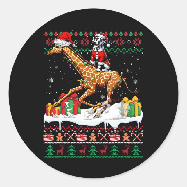 Santa Dalmatian Riding Giraffe Christmas Sweater L Classic Round Sticker (Front)